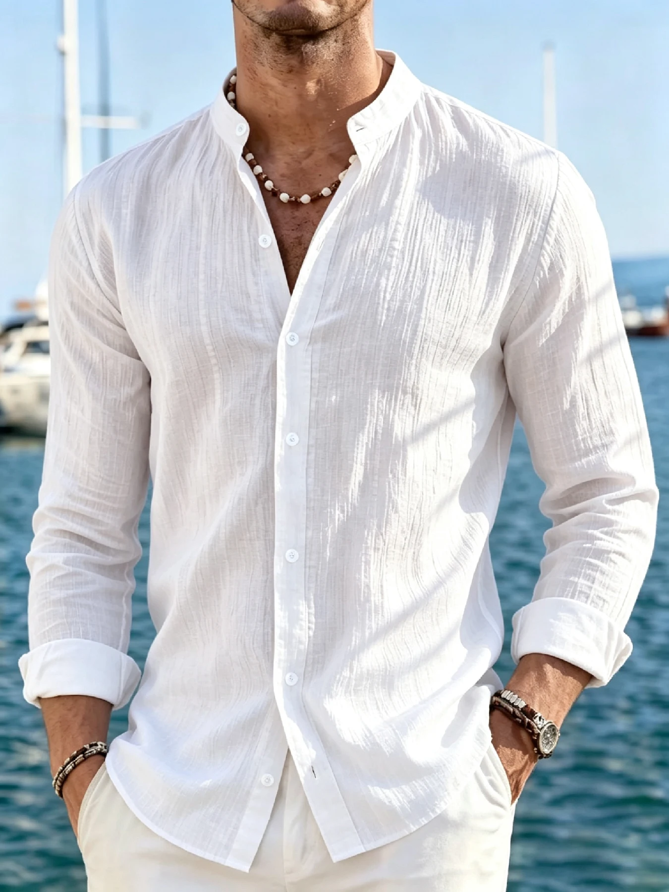 Men's Mandarin Collar Textured Long Sleeve Shirt, Mature Chic Casual Style, Textured Breathable Fabric, Single-breasted Curved H