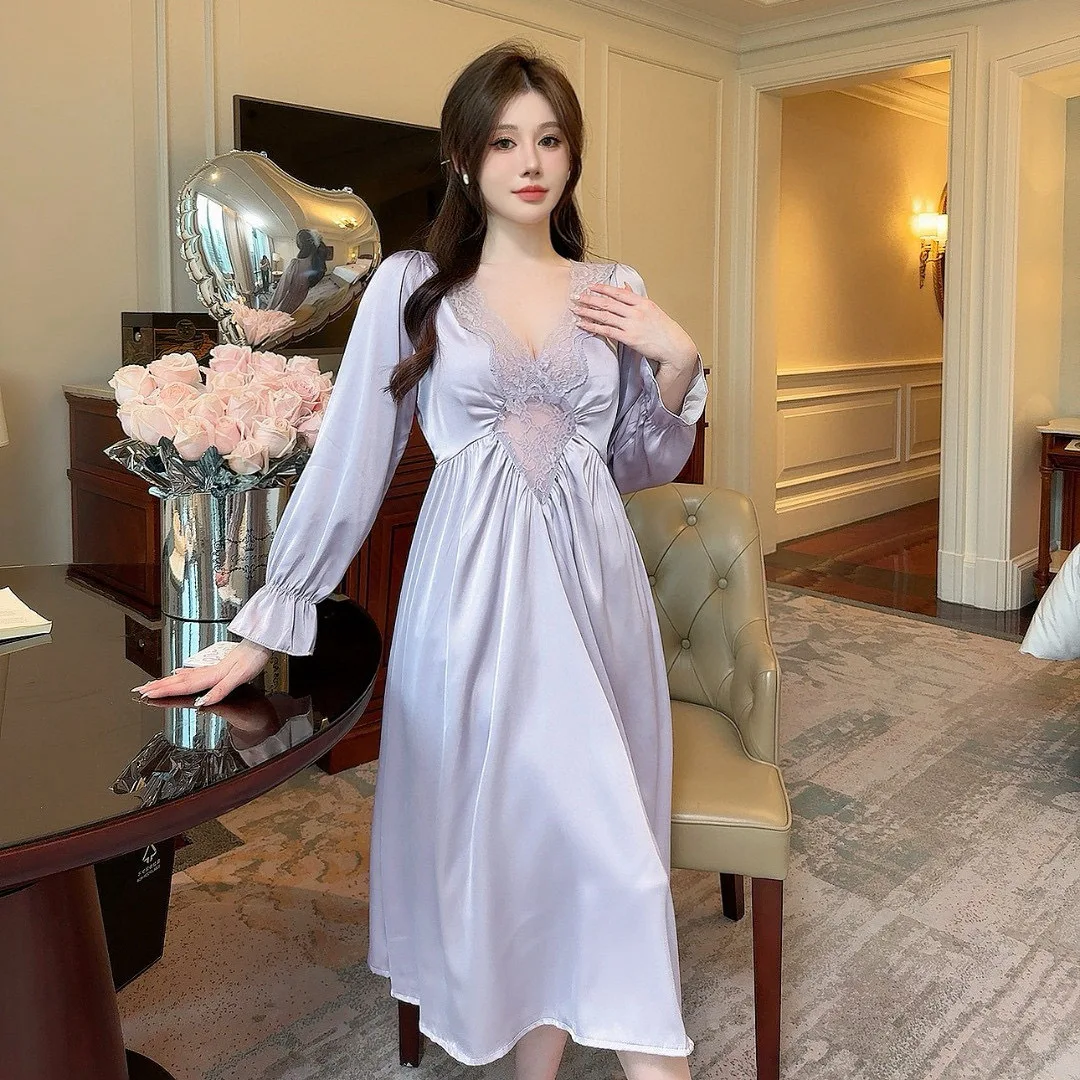 

Female Long Nightdress Retro French Court Style Princess Nightgown Sleepwear Spring Autumn Loose Rayon Home Clothes Lounge Wear