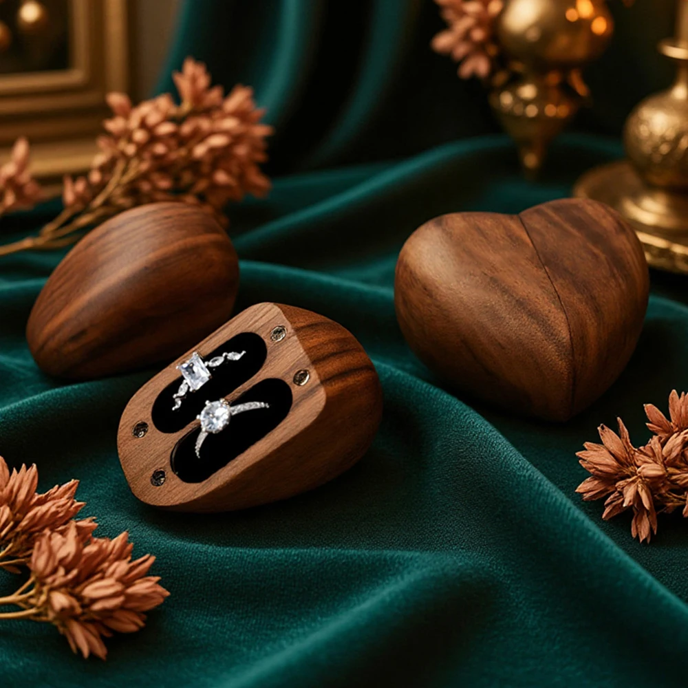 

Romantic Heart Shaped Walnut Wood Double Slot Ring Box Men Women Ring Storage Case Personalized Gift with Custom Logo Available