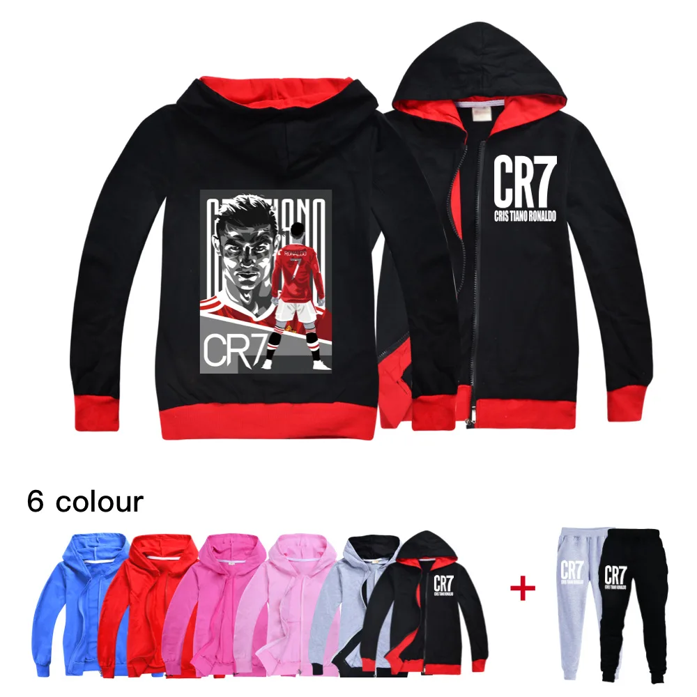เด็กฟุตบอล Idol CR7 เสื้อผ้ากีฬาฤดูใบไม้ผลิเสื้อฤดูใบไม้ร่วง hoodie เสื้อกันหนาวซิปเสื้อเด็กหญิง Hoodies + กางเกง 2 ชิ้นชุด