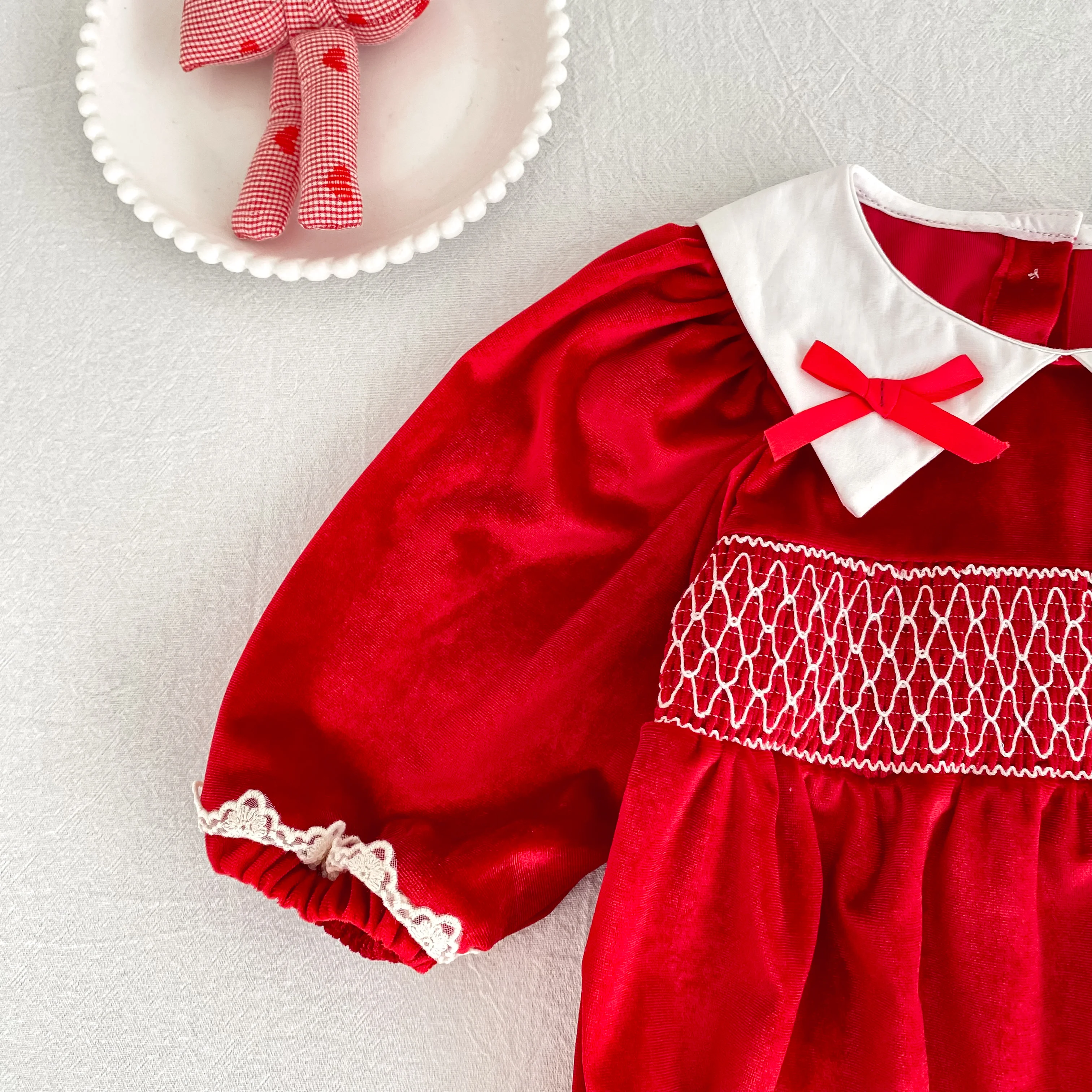 Baby Mädchen Roter Samt-Body mit Schleife Langarm Neugeborenen Party Geburtstags-Outfit Herbst Weihnachten Süßer Baby-Strampler 0-24M – Detail 9