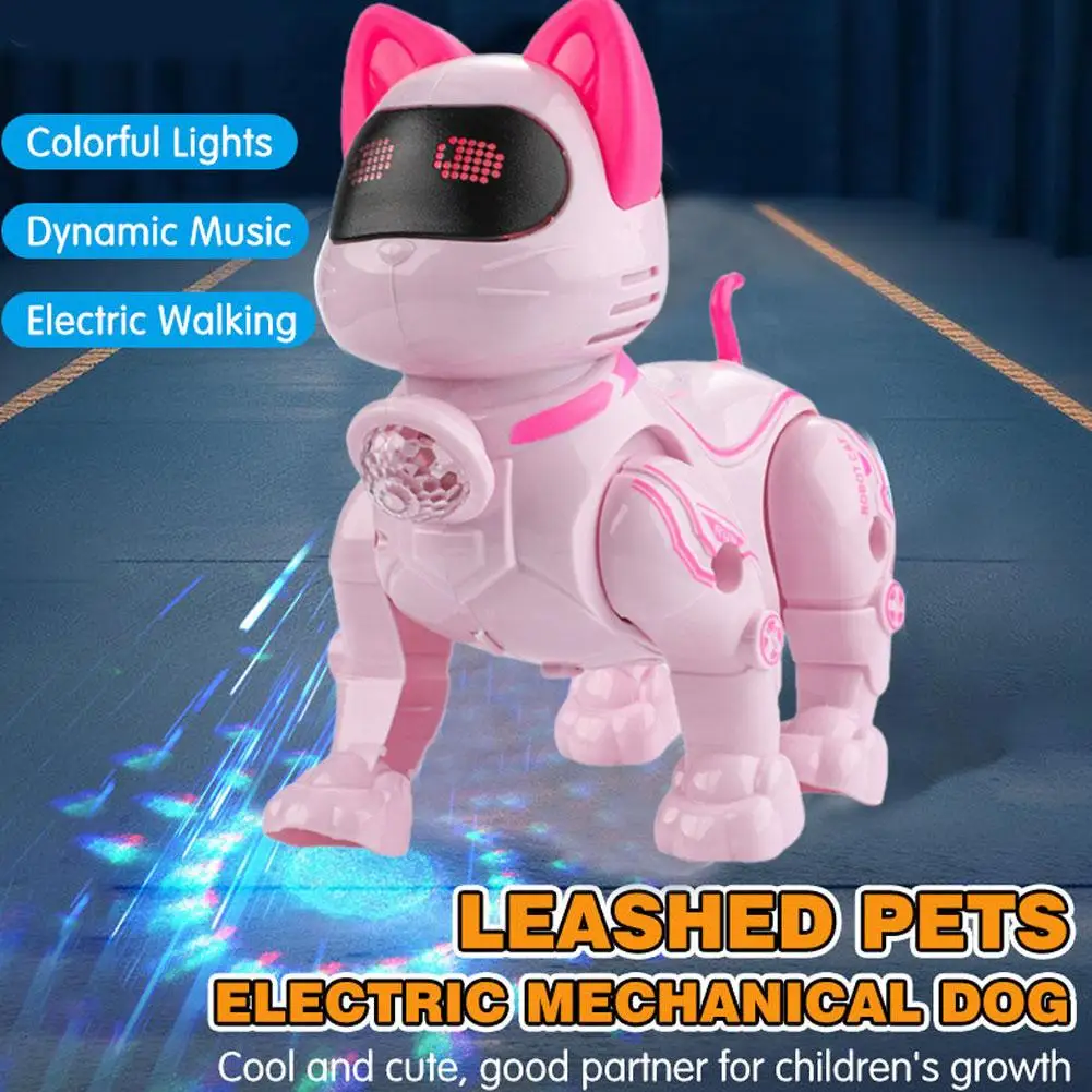 Electric Robot Cat with Leash Walking Singing Plush Kitten Toy with Music Lights Interactive Pet for Kids Boys Girls Gift