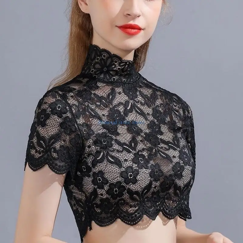 652B المرأة الياقة المدورة انفصال طوق أنيقة الأزهار الدانتيل قصيرة الأكمام نصف بلوزة قميص البلوز بطانة ديكي المحاصيل الأعلى