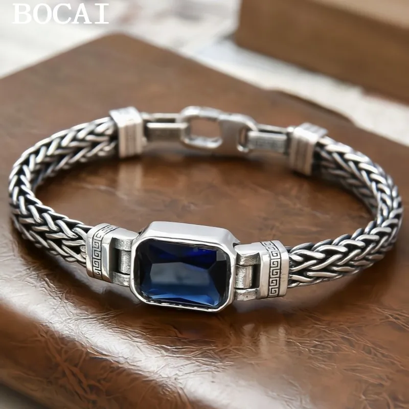

BOCAI Real S925 Silver Jewelry Inlaid With Sapphire Braided Hemp Rope Men and Women Bracelets Retro Thai Trend Gift