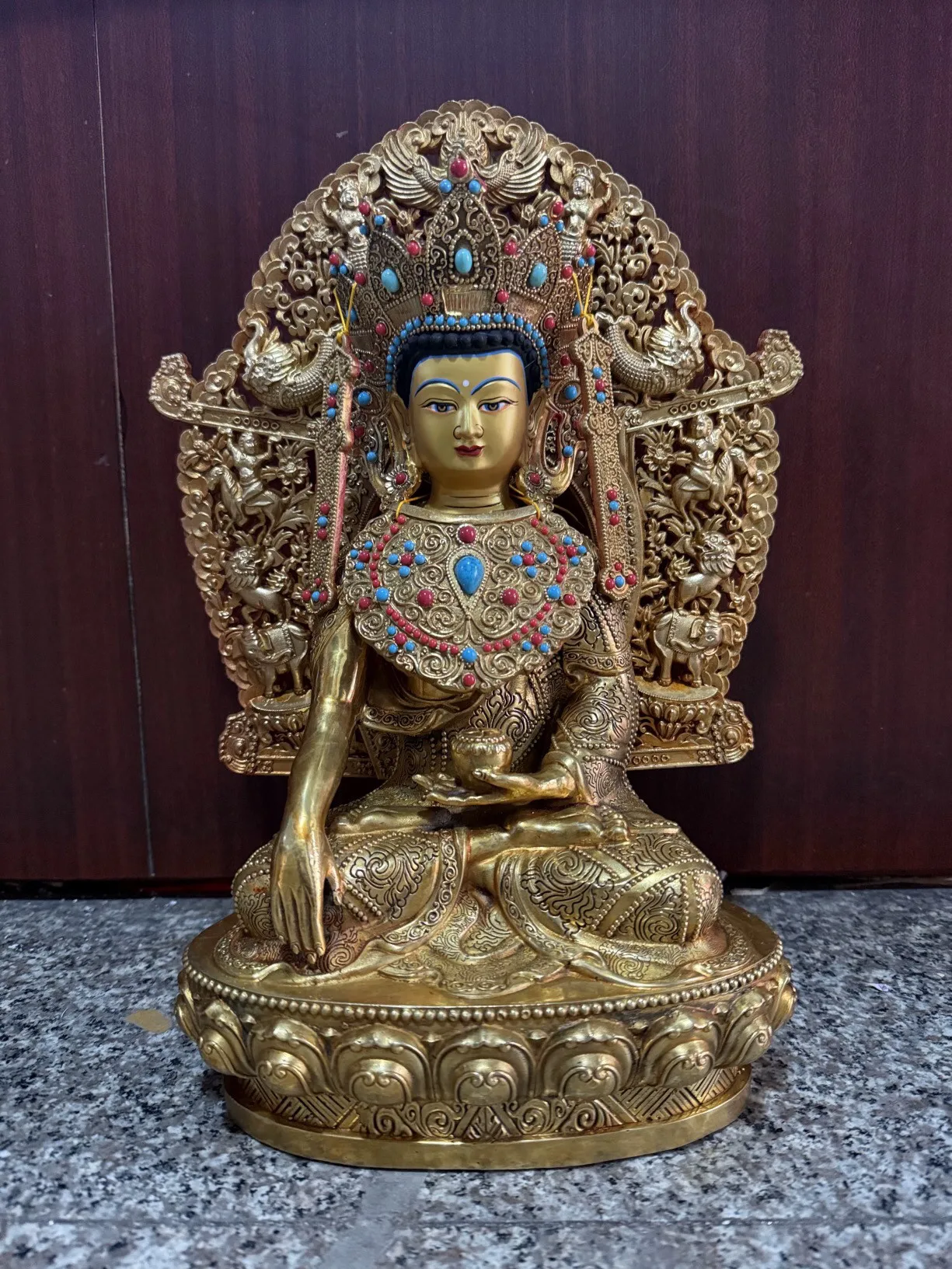 10 inch Xizang craft Tibetan Tantra pure copper gilt enlightened Buddha statue ornament