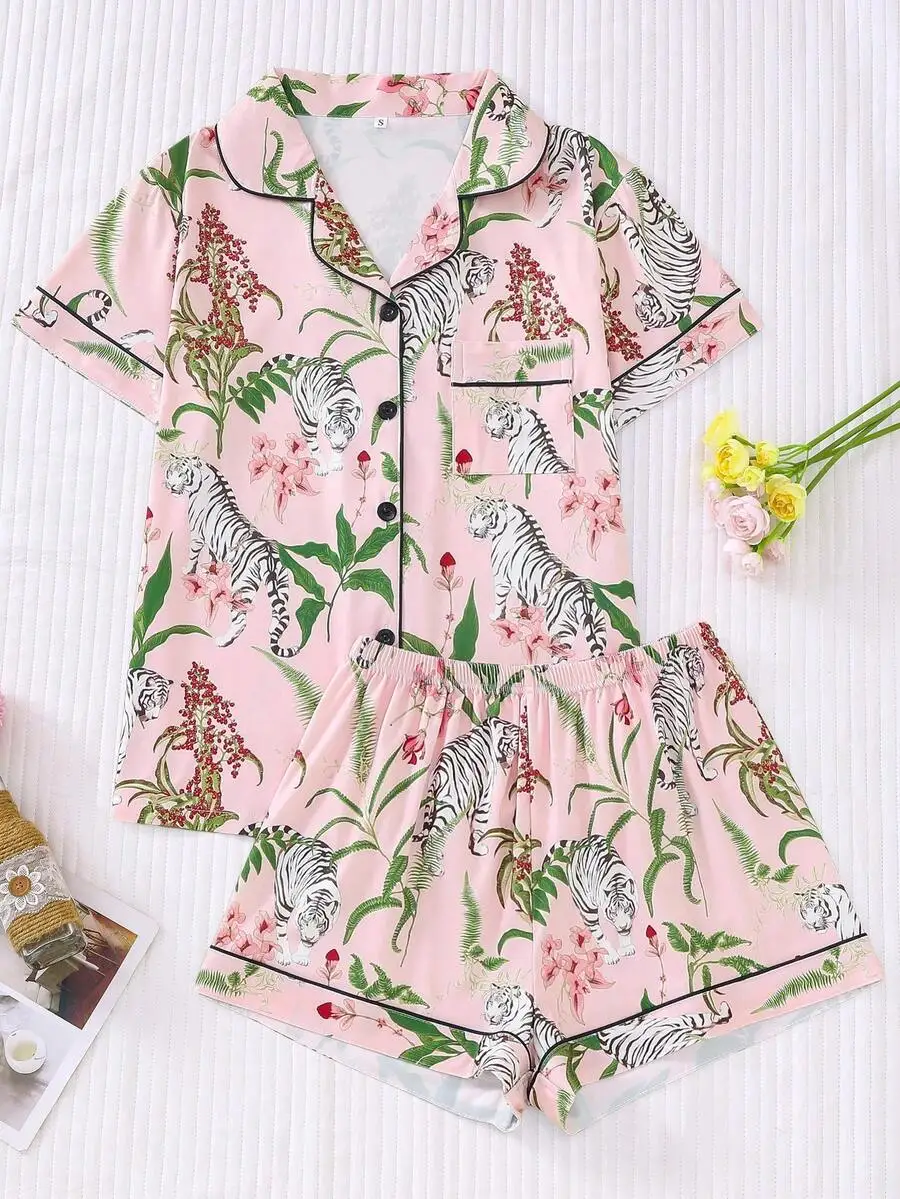 

Pink Tiger Print Womens Pajama Set Short Sleeve Button-Up Top And Elastic Waist Shorts