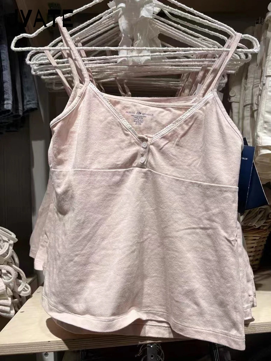 Sweet Cute Pink Buttons Tank Tops Women New Cotton Casual Slim Lace Trim Sleeveless Vests Female Vintage Simple Chic Camis Y2K