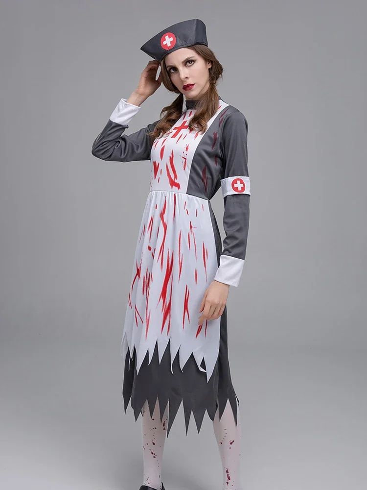 Women Medieval Vintage Corpse Nurse Costume Adult Dead Zombie Halloween Horror Scary Fancy Dress Outfit