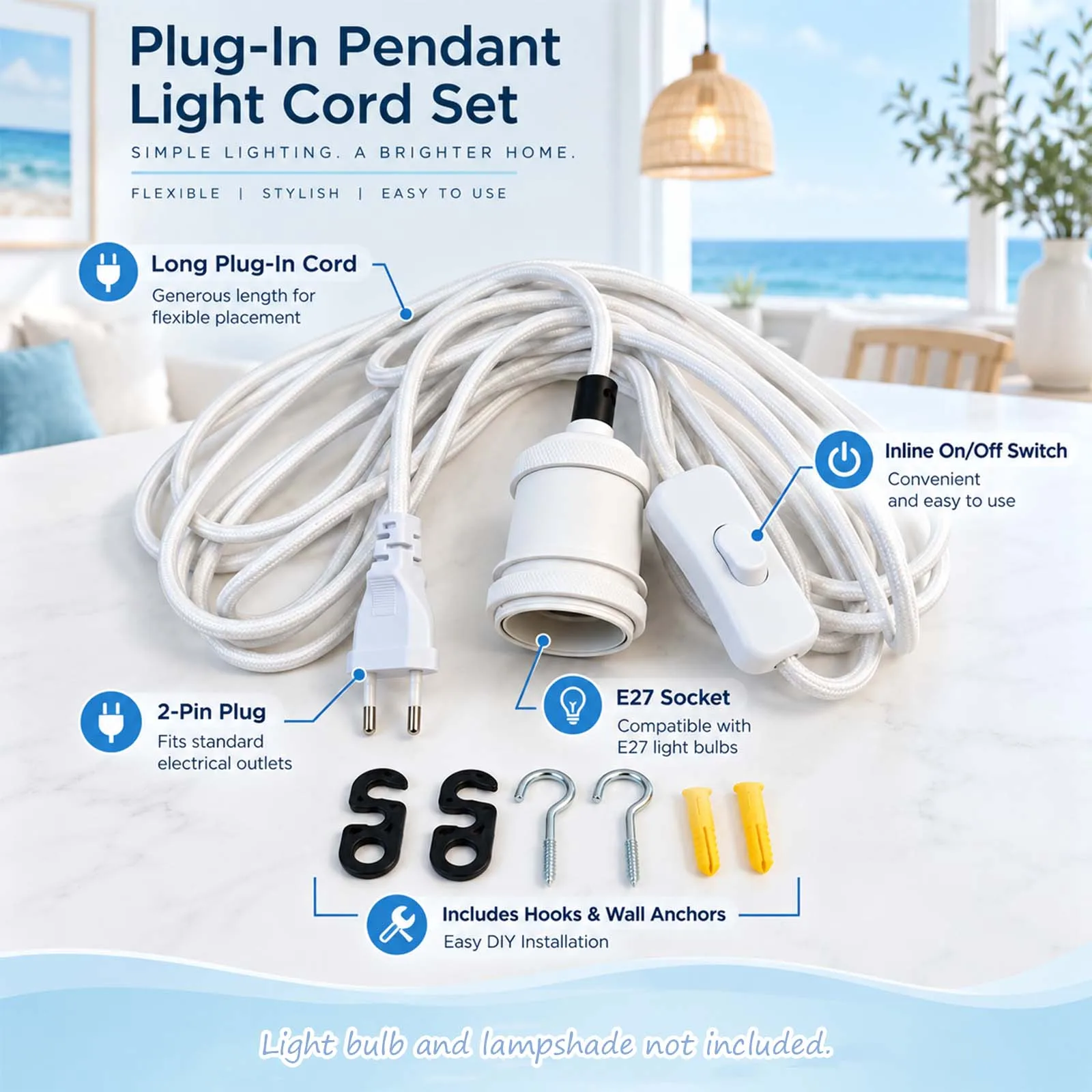 Hanging Light Cord, White Braided E27 Pendant Lamp Cable, On Off Switch, Plug In Ceiling