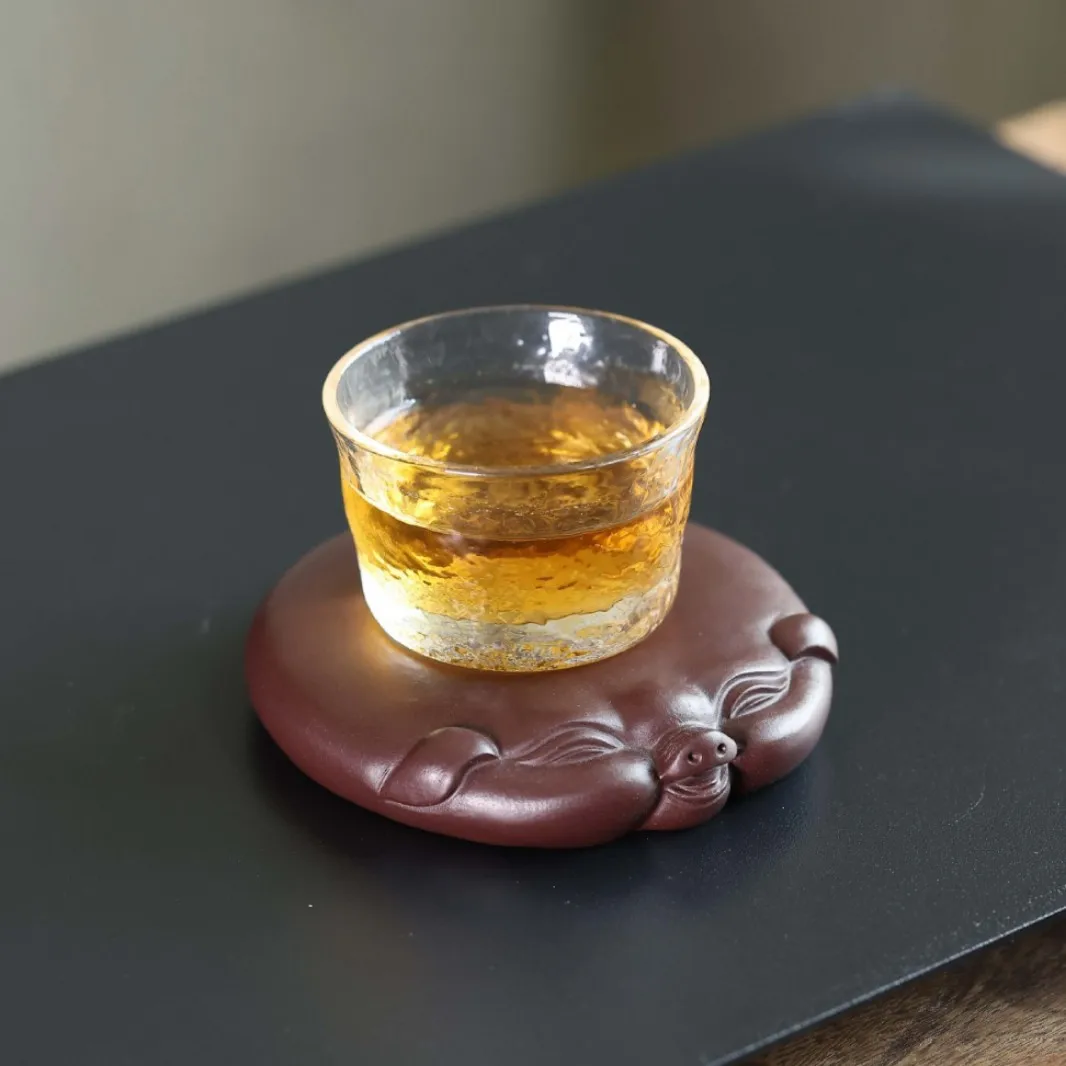 

Yixing Pet Pig Coaster And Lid Holder, Handmade Purple Clay Collectible Ornament, Tea Accessory, Zodiac Fortune Cup Holder
