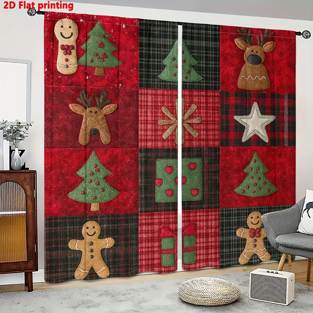 2pcs Christmas Plaid Gingerbread Print Curtains, Rustic Reindeer Tree Star Design for Living Room Bedroom Holiday Decor