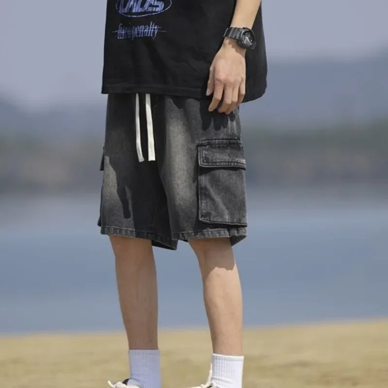

Drawstring with Pockets Loose Straight Men's Short Jeans Pants Wide Long Bermuda Half Male Denim Shorts Cargo Baggy Sale Xl Rude