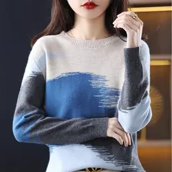 2024 Autumn Winter Round Neck Contrasting Sweater Korean Version Loose and Slim Casual Versatile Knitted Sweater Fashiona Tops