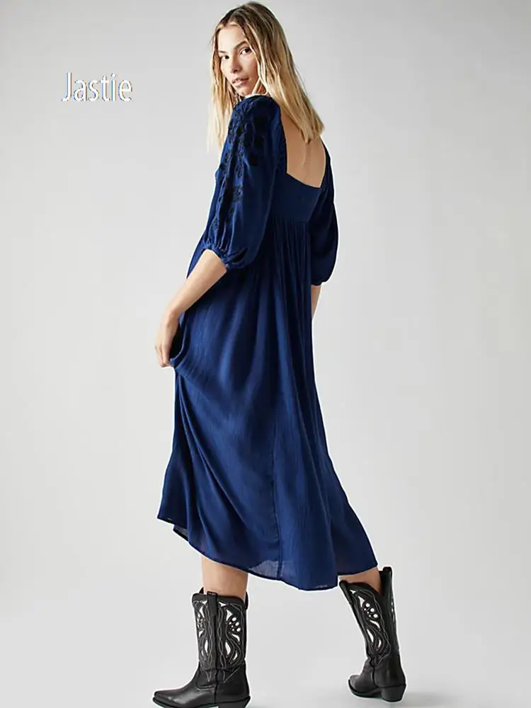 Jastie Bohemian Vacation Beach Dresses Women Vintage Embroidered Dress Deep Collar Backless Sexy Midi Dress Vestidos Para Mujer