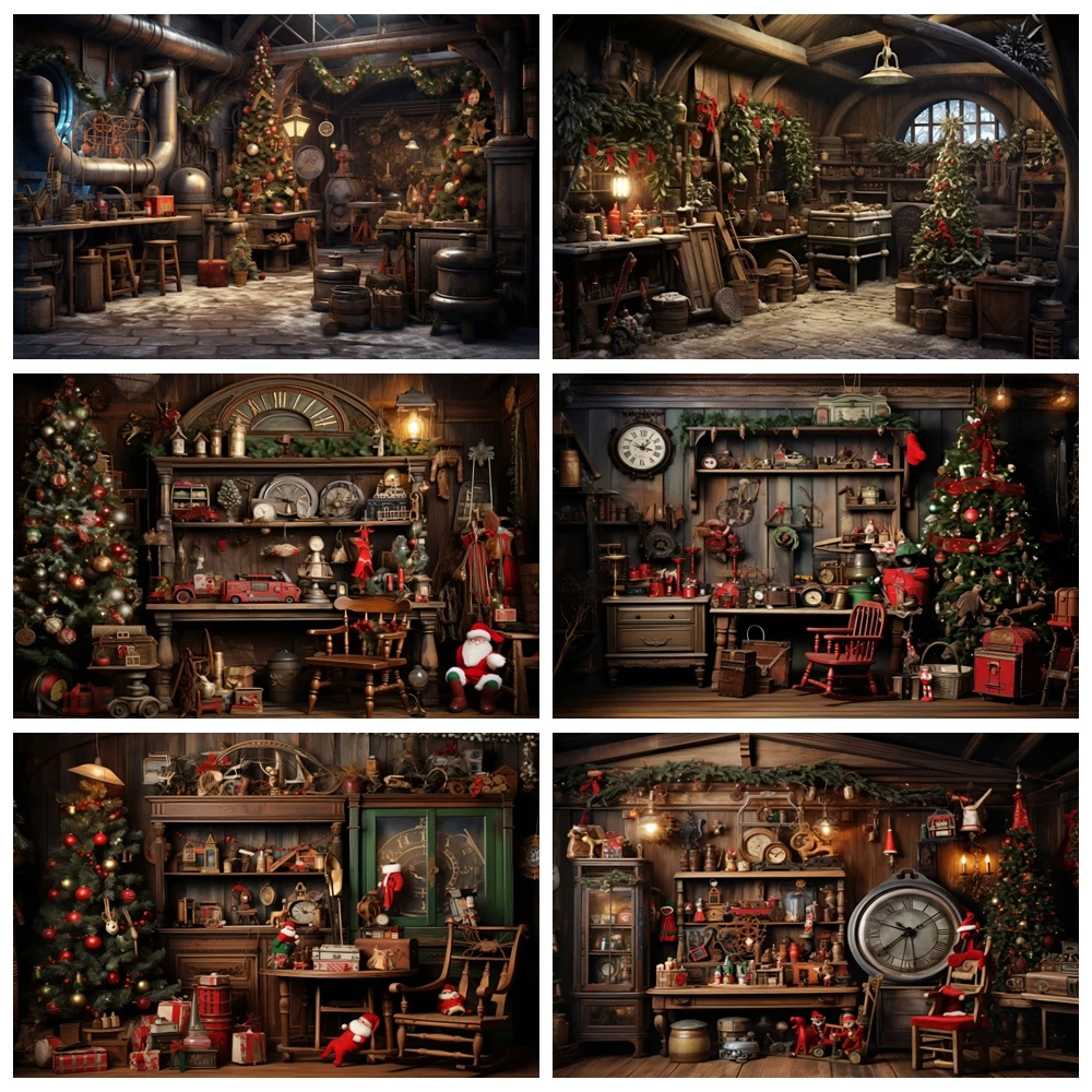 Christmas Backdrops Rustic Wood House Xmas Tree Gifts Santa Claus Warehouse Kids Portrait Photography Backgrounds Photo Studio