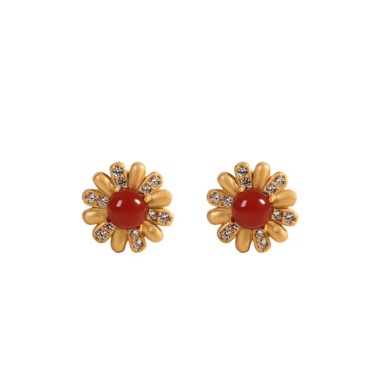 

S925 silver plated South Red Agate simple fashion Daisy women's Earrings