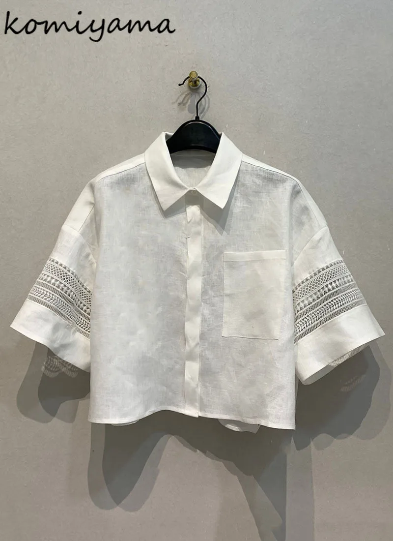 

Hollow Out Short Sleeve Woman 2025 Shirts Blouses Laple Neck Blusas Mujer Japanese Simple Ropa Fashion Loose Clothing Camisas