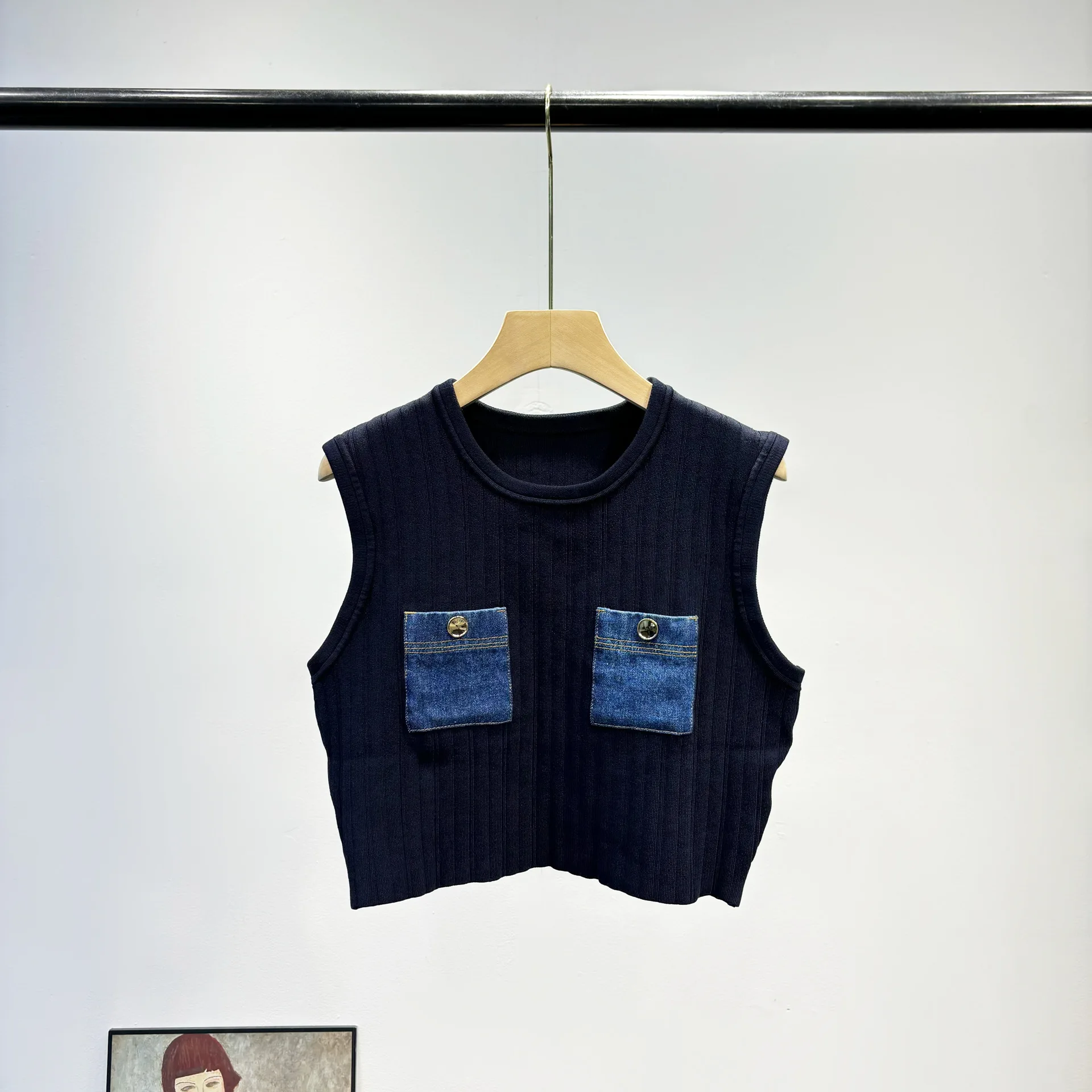 Summer Women Fashion Denim Stitching Knitted Suit Elegant Casual Two Piece Set