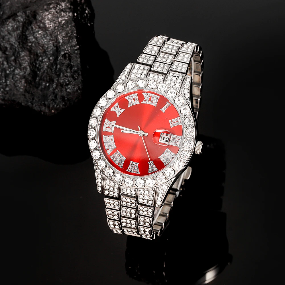 2-teiliges Hip-Hop-Punk-Uhrenset mit Diamantbesatz, runde Luxus-Herrenuhr, glänzendes Schmuckgeschenk mit Armbandversteller für Damen, Alltagskleidung – Detail 9