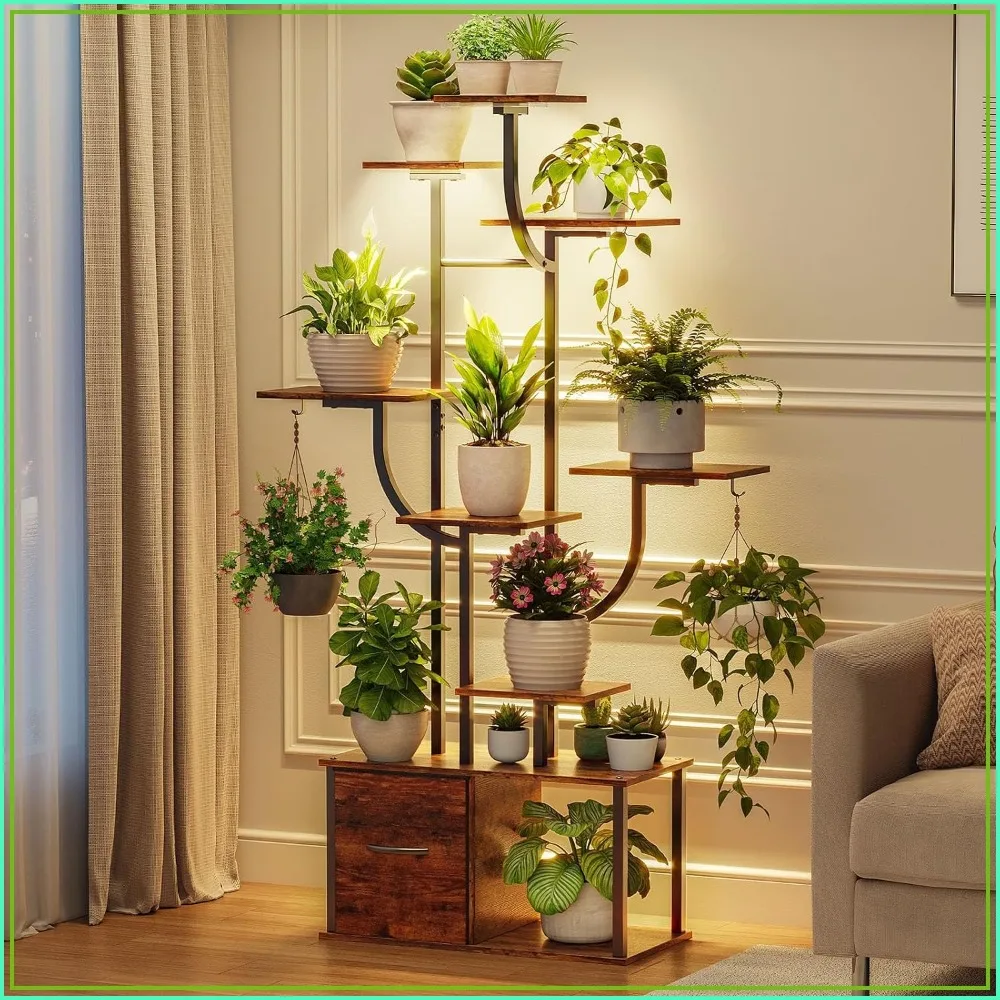59" 9-Tier Plant Stand with Grow Lights, Timer, 10 Brightness, Drawer