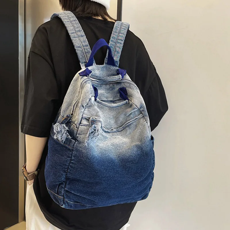 Gradient Washed Backpack Vintage Canvas Bag Women Denim Large Capacity Quality Unisex Travel Bag School Student Book Bag