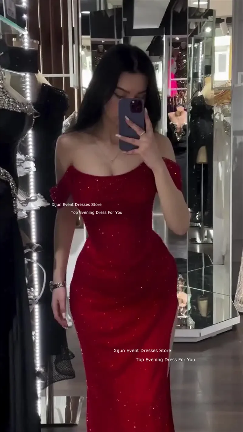 Xijun Glitter Red Evening Dresses Mermaid Off The Shoulder Prom Gowns Celebrity High Side Slit Prom Dresses Birthday Parrty Gown