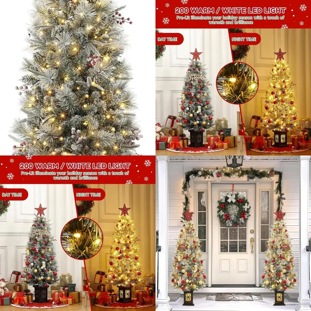 

Предварительно освещенная флокированная рождественская елка длиной 4,5 фута с наконечниками, 200 огнями и сосновыми шишками, антикварная основа для урны для домашнего или вечеринки