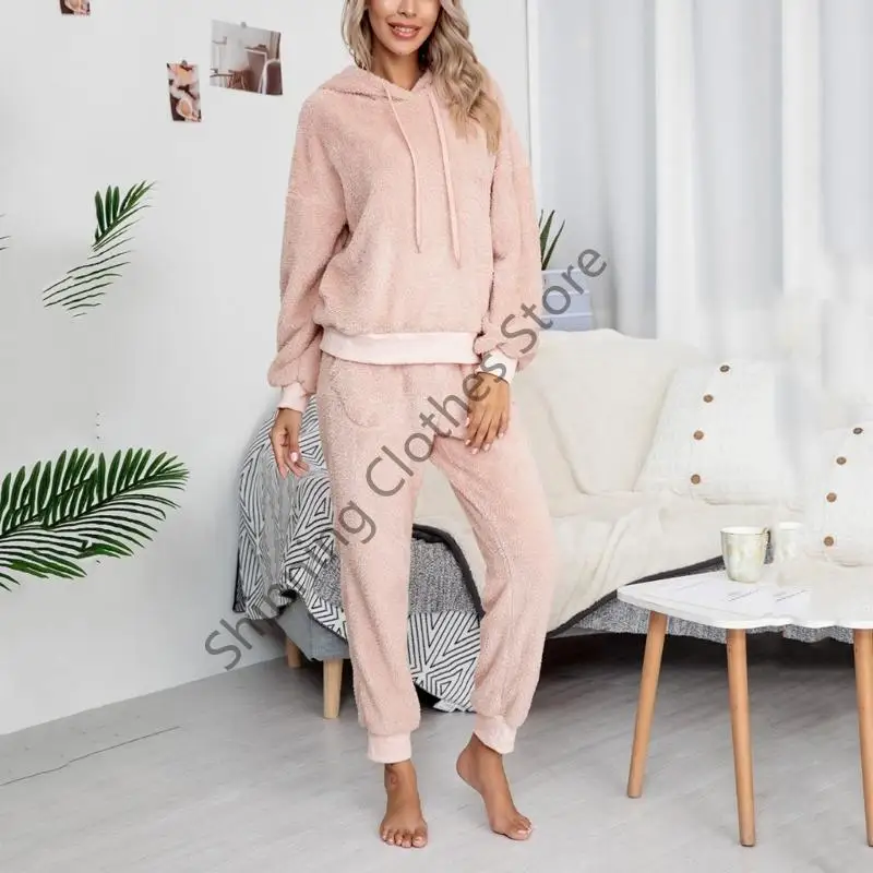 M68A Women's Long Sleeve Pajama 2 Piece Fleece Hooded Pullover Shirt and Pants Outfit Warm Plush Loungewear Sleepwear