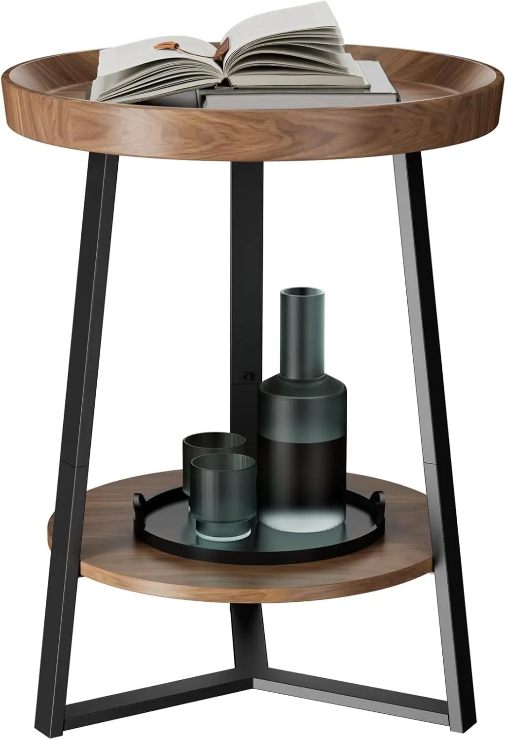 Round End Table with Storage Shelf, 2-Tier Farmhouse Side Table for Living Room Bedroom, Brown Wood Top Black Metal Frame