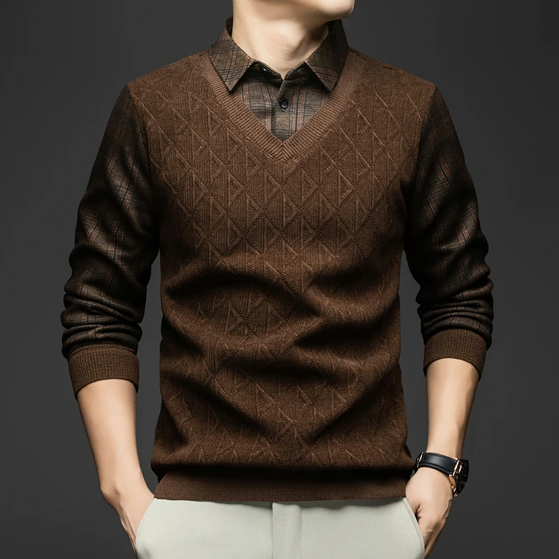 الراقية جودة الرجال التلبيب وهمية قطعتين طويلة الأكمام تريكو شتاء جديد منقوشة أفخم سماكة موضة الأعمال الرجالية