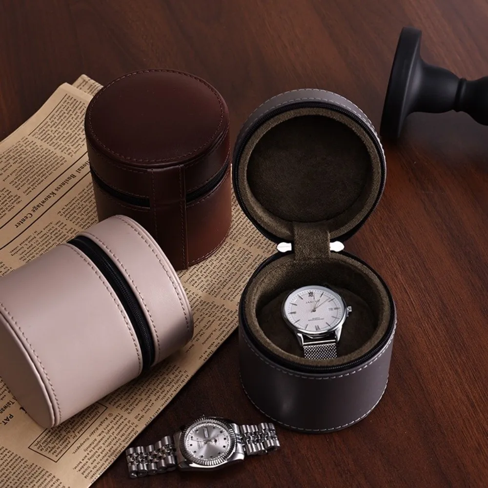 Round Flip-Top Watch Storage Box PU Leather Zipper Closure Watch Storage Holder Anti-Magnetic Shock-Resistant Watch Display Case
