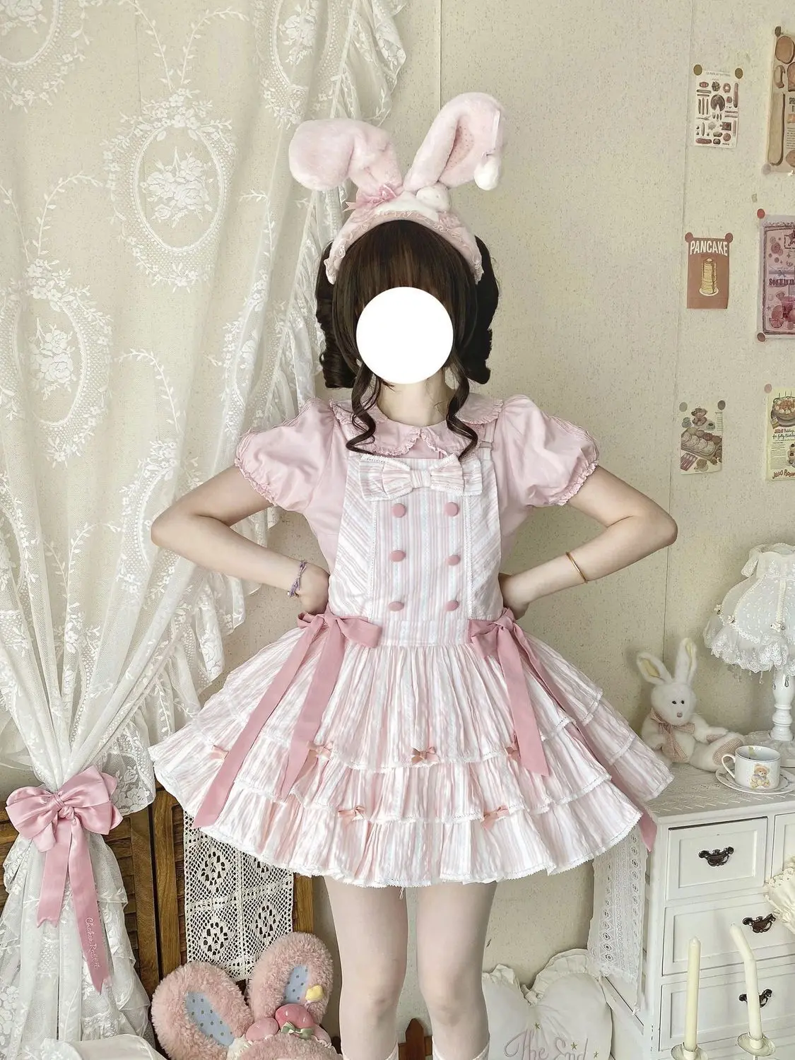 Coalfell Original Lolita Gonna con cinturino carino a righe al cioccolato Abito estivo Jsk in cotone a tre strati