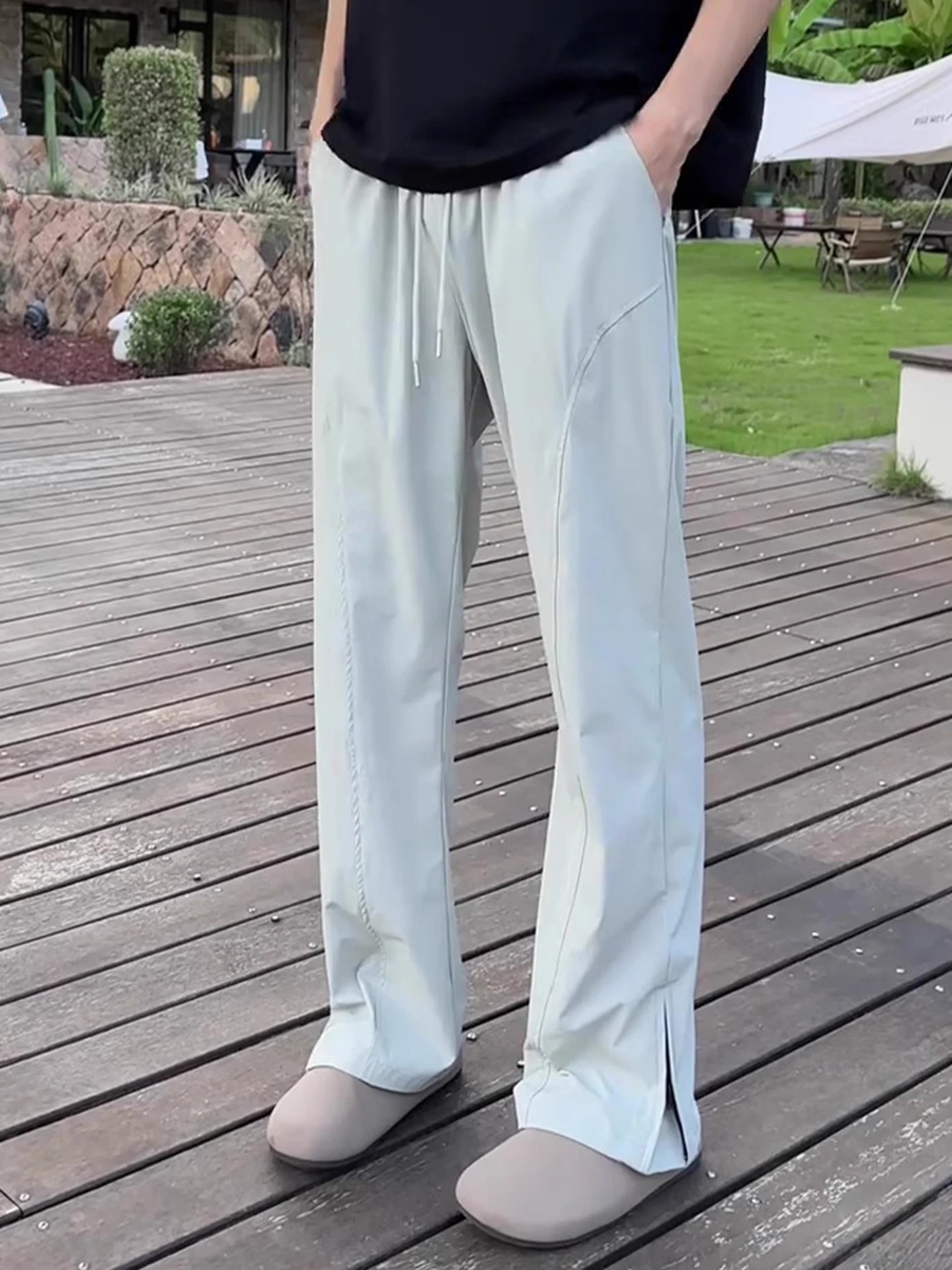 

White Ice Silk Bell Bot Qui Dry Sports Pants Men's Summer Cool Feeling Breathable Side Zip Straight Cut Casual Trousers