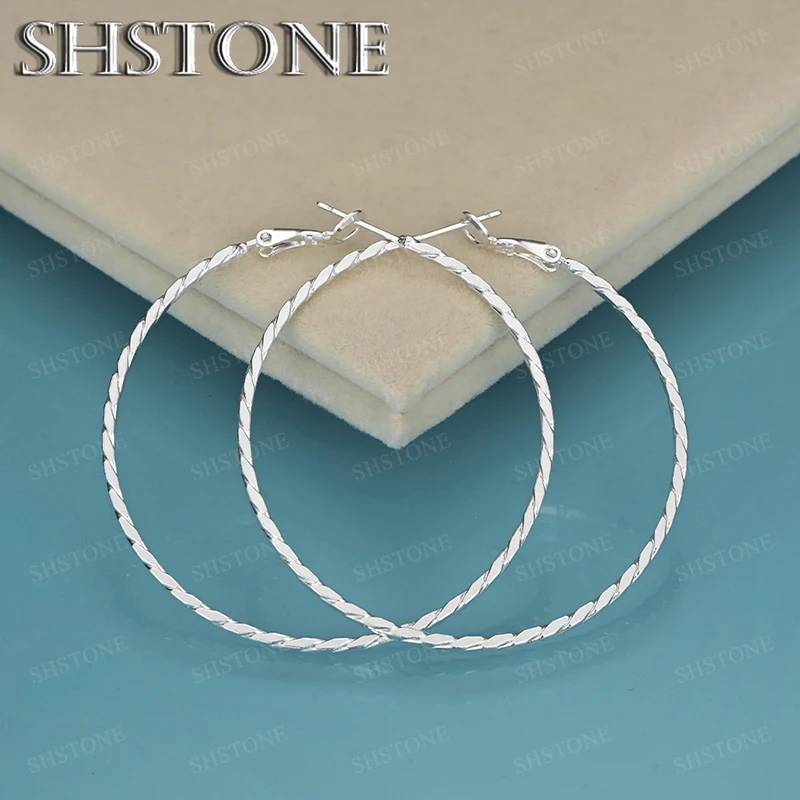 

50mm 925 Sterling Silver Twisted Pattern Large Circular Hoop Earring For Women Wedding Banquet Party Elegant Jewelry Accessories