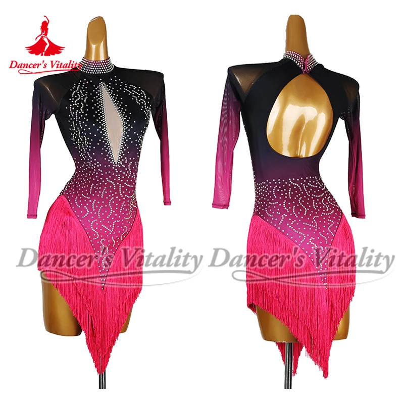 Black and Rose Gradient Color Latin Dance High-necked Luxurious AB Stones Dresses Adult and Child Chacha Samba Clothes Customize