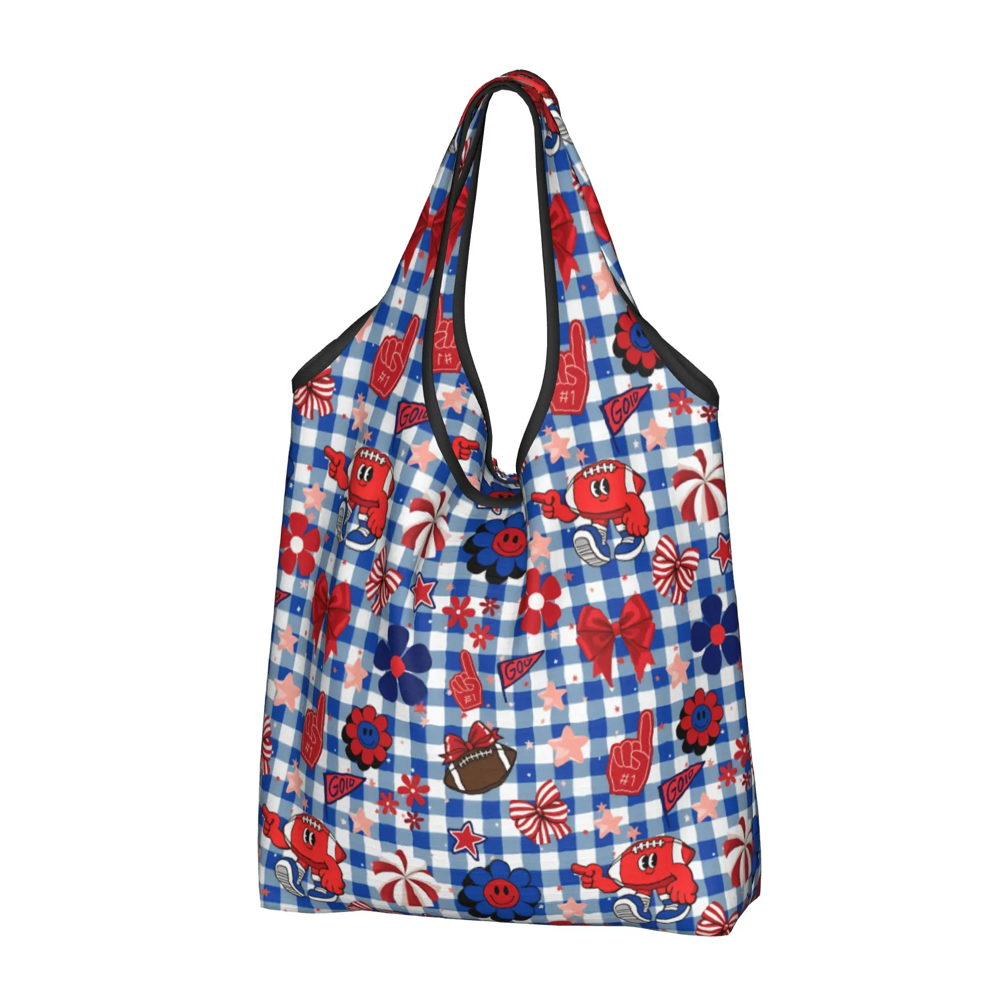 Recycling Gingham Plaid Rugby Union Cheer Bows Football  Shopping Bag Women Tote Bag Portable  Groceries Shopper Bags