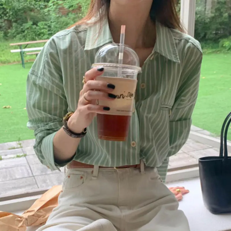 

Chic Spring Casual Striped Design Loose Long Sve irt Women's Turn-down Collar Color Blo Top Faionable Ele