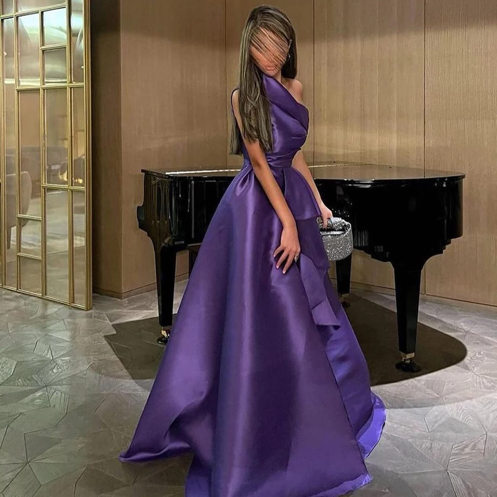 

Purple Dubai Evening Caftan Dress Floor Length Sleeveless One Shoulder Satin A-Line Pleats Sweep Train Bespoke Occasion Gowns