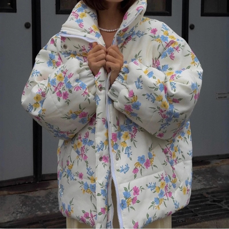 

Fashion Thicken Women Puffer Jacket Oversize Stand Up Collar Zipper Floral Print Warm Cotton Filled Coat Autumn Winter 2025