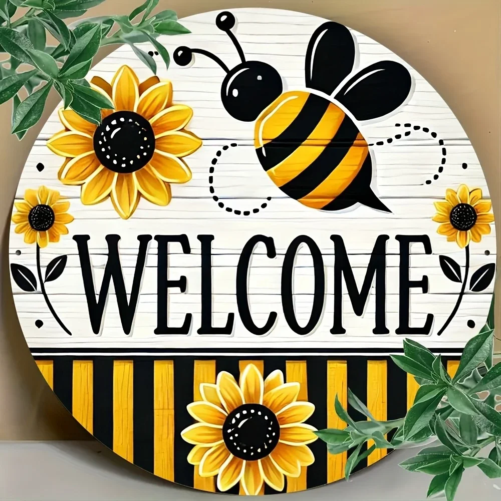8in Round Wooden Circular Disc Bee Welcome Sign, Hanging at the Entrance of the Porch or Doorway of the Home, 2D