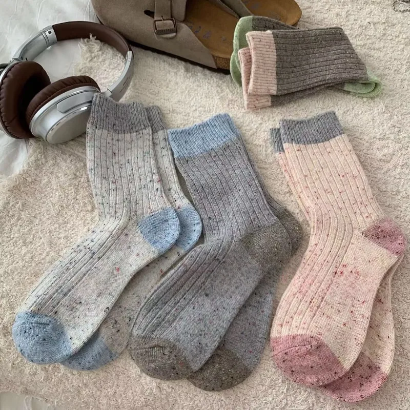4 pairs Spring Autumn New Warm Socks Women's Color blocked Fashion Versatile Mid tube Elegant Comfortable Stacking Socks