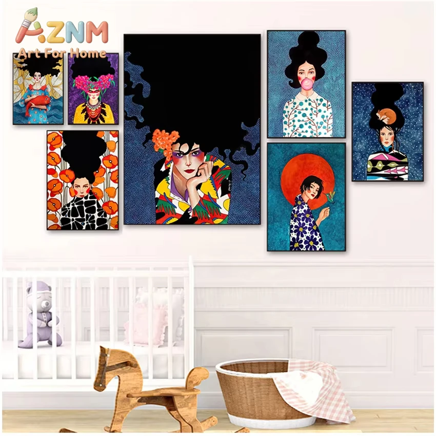 

1pc Nordic Poster Wall Pictures For Living Room Unframed Vintage Abstract Girl Hair Flower Women Art Canvas Painting Fashion