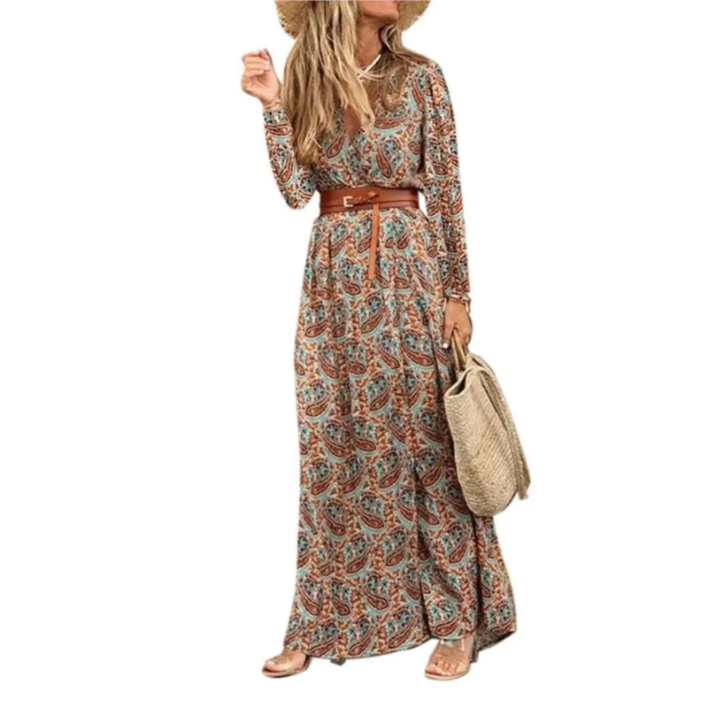 Autumn And Winter Long Sleeved V-neck Bohemian Floral Dress Women's Print With Belt OL Commuting Split Maxi Dress Femme Платье