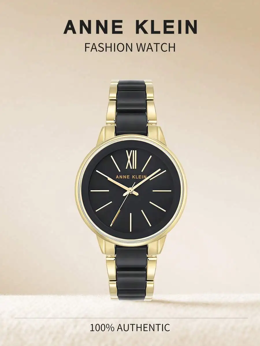 

Womens Quartz Watch With Black Resin Band And Gold Tone Case