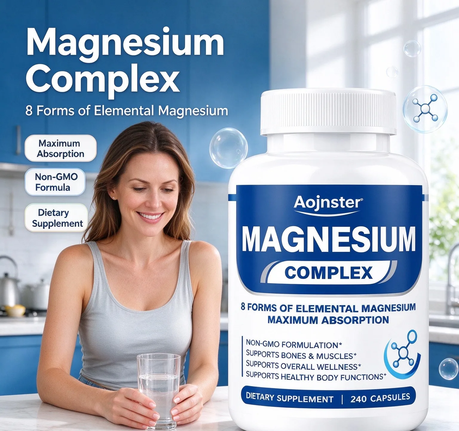 Magnesium Complex Capsules, 8 Forms of Elemental Magnesium, Maximum Absorption, Non-GMO, for Daily Wellness, Easy Swallow