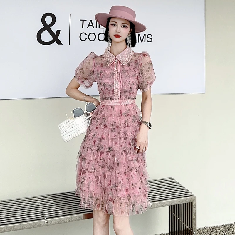 Sweet Fashion Women Beading Peter Pan Collar Cake Dress Luxury New Summer Pink Mesh Flower Print Tierred Ruffles Party Vestidos