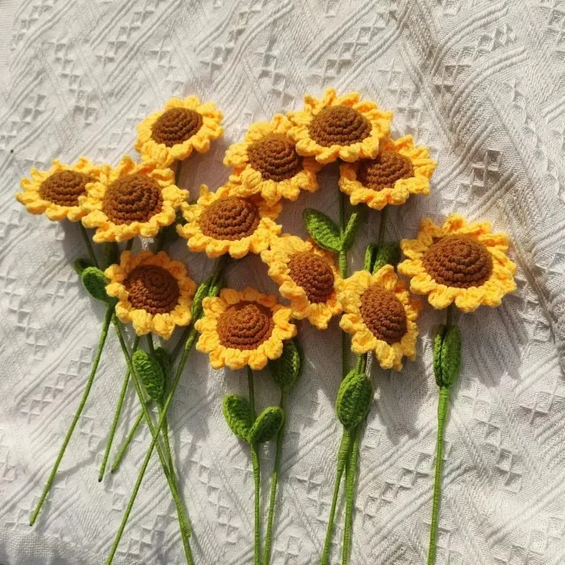 Crochet Artificial Flower Handmade Sunflower Woven Bouquet Creative Wool Knitting Decorations Teachers Day Mother S Day Gift