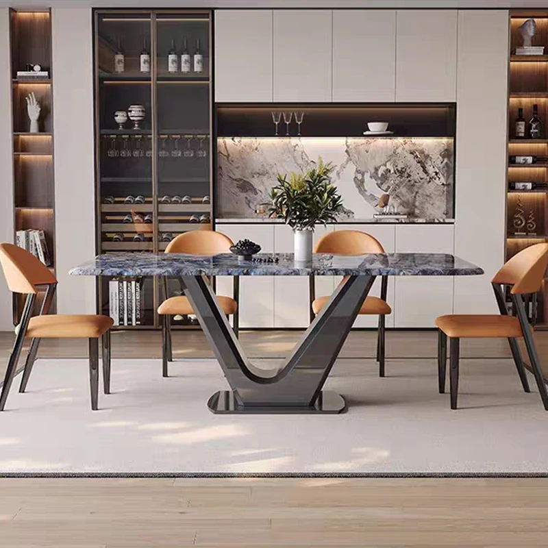Super Crystal Stone Waterproof Foldable Dining Table Set 6 Chairs Modern Hotel Villa Metal Furniture