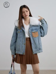 DUSHU 41G Filling Capacity Women Denim Blue Down Jackets Detachable Fur Collar Design Female Casual Winter Down Coats