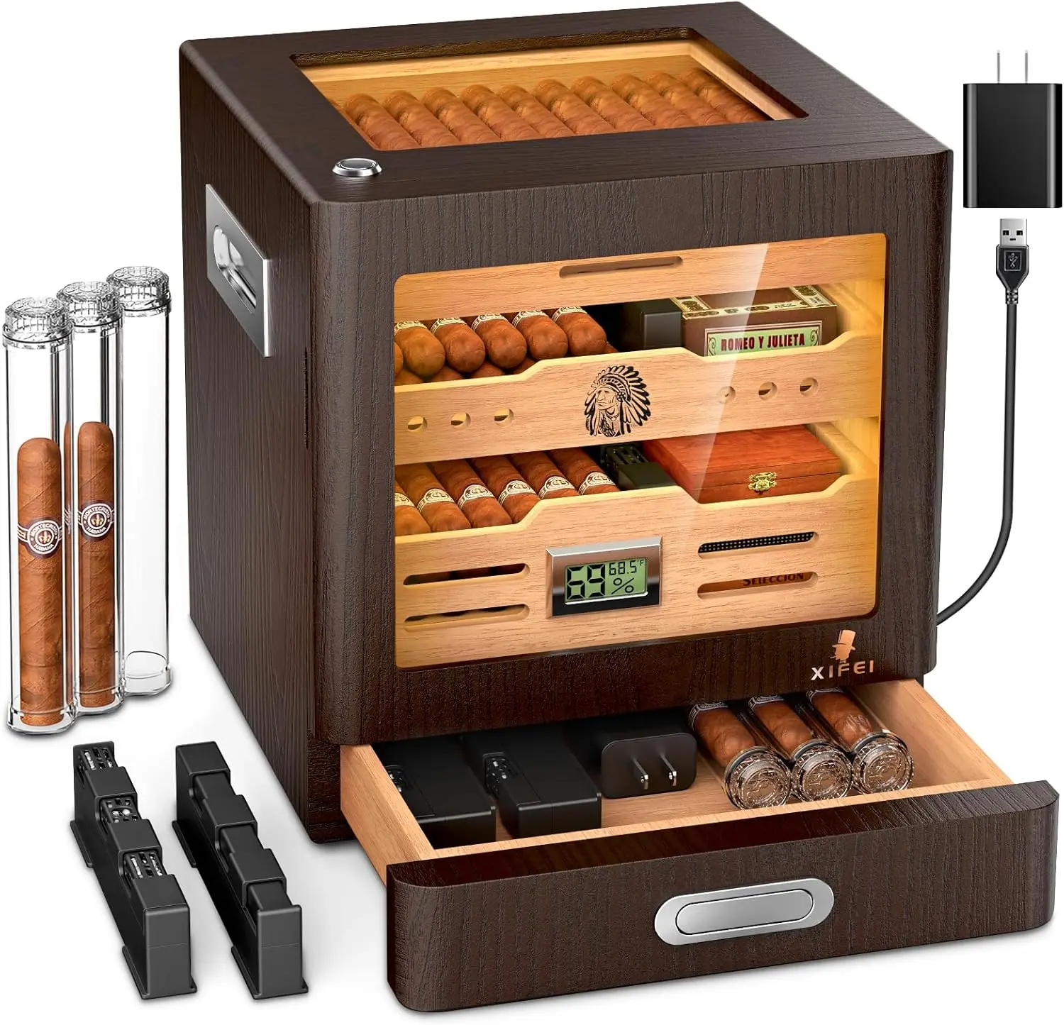 خزانة سيجار قابلة للتعديل مع مقياس رطوبة رقمي، 3 أدراج من خشب الأرز وغطاء زجاجي تتسع لـ 80-100 سيجار